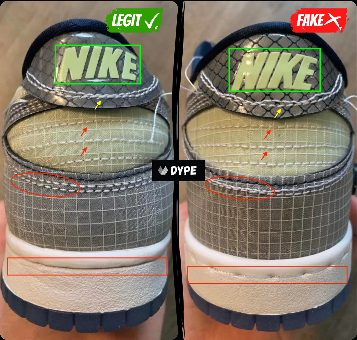 Пятки Nike Dunk: оригинал слева, подделка справа, выделены различия строчек